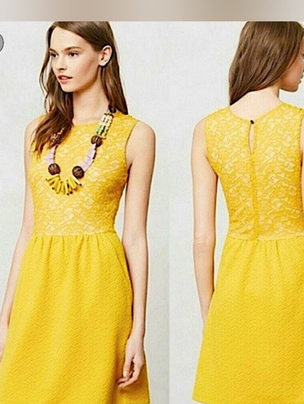 Anthropology Maeve Mustard Yellow Lace Fit-and-Flare Sleeveless Dress XS